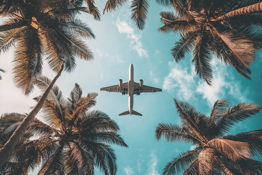 Avião a sobrevoar palmeiras. Crédito: Freepik
