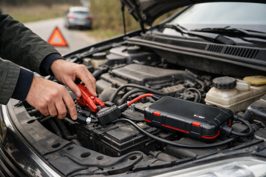 Pessoa a usar um arrancador portátil. Crédito: Foto AI