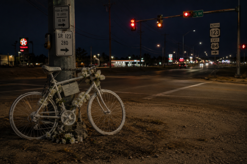 Bicicleta branca na beira da estrada. Crédito: Foto AI
