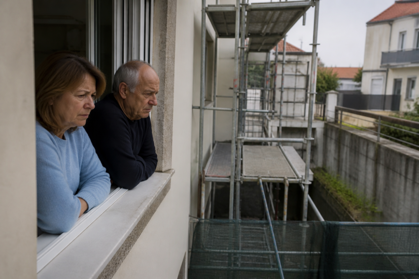 Casal observa obras na casa vizinha a partir da janela. Crédito: Foto AI