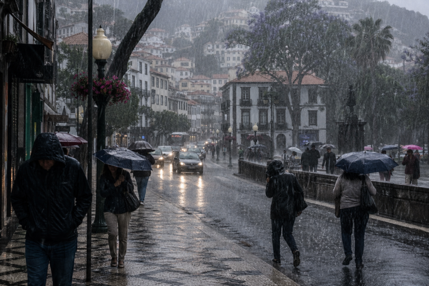 Pessoas a andar em dia de chuva. Crédito: Foto AI