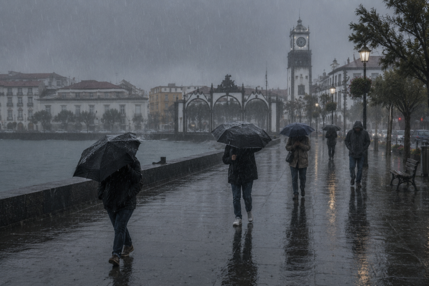 Pessoas a andar à chuva. Crédito: Foto AI