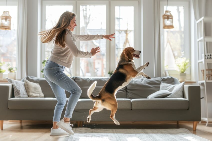 Cão a saltar em casa.