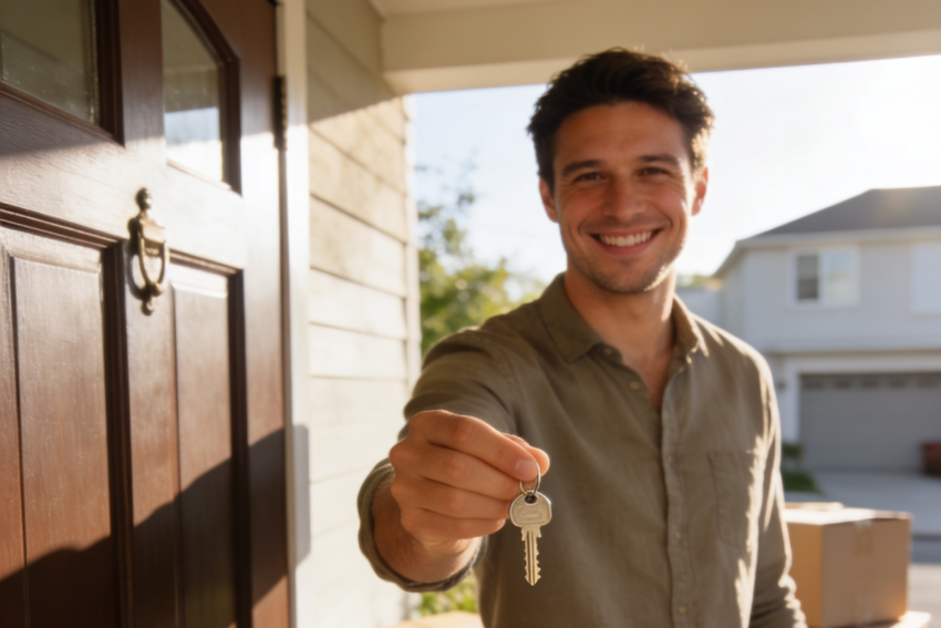 Homem sorridente a receber chave da sua nova casa. Crédito: Magnific AI