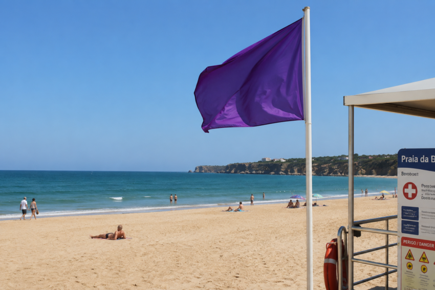 Bandeira roxa na praia. Crédito: Foto AI