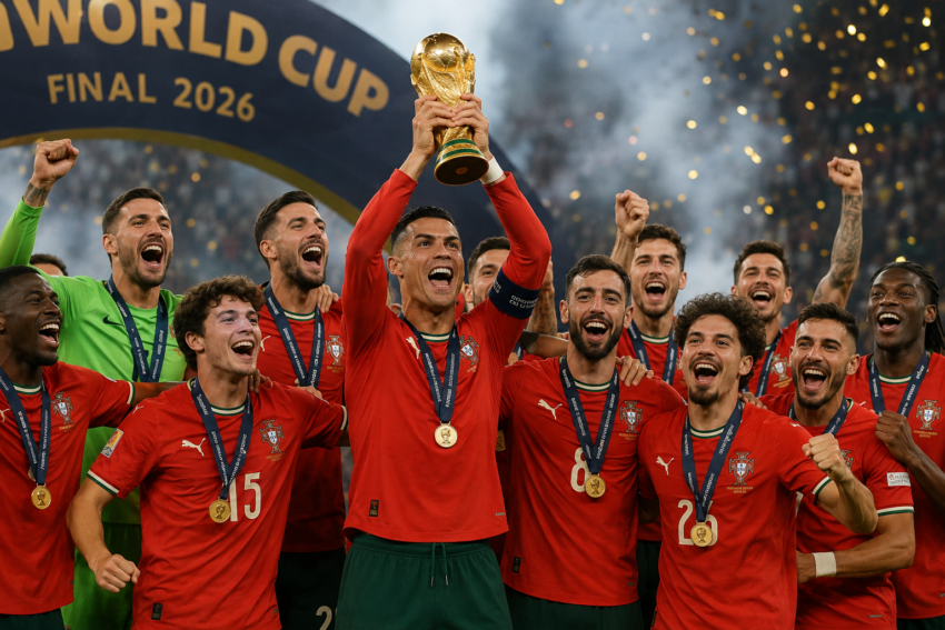 Portugal a levantar o Troféu do Mundial de Futebol FIFA. Crédito: Foto AI