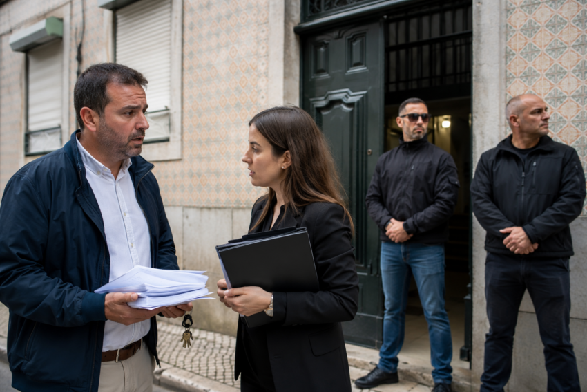 Situação de tensão à porta de um imóvel com "desocupas". Crédito: Foto AI