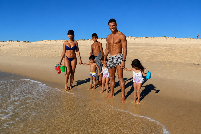 Cristiano Ronaldo com a família na praia de Faro. Crédito: Foto AI