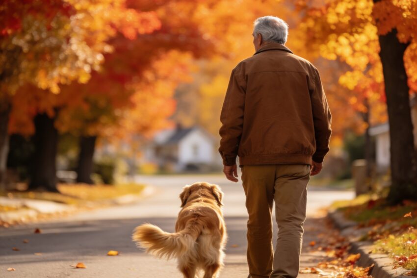 Idoso a passear o cão sem trela.