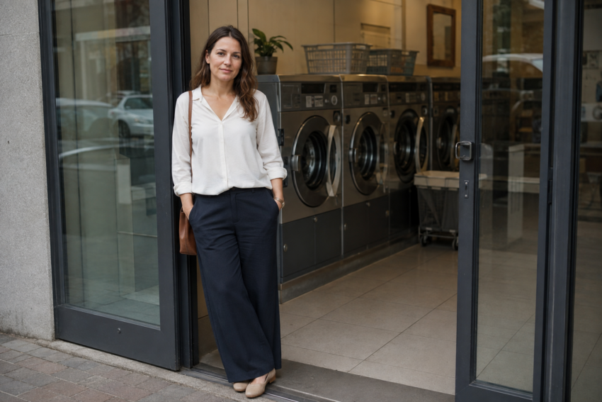 Mulher à porta de lavandaria. Crédito: Foto AI