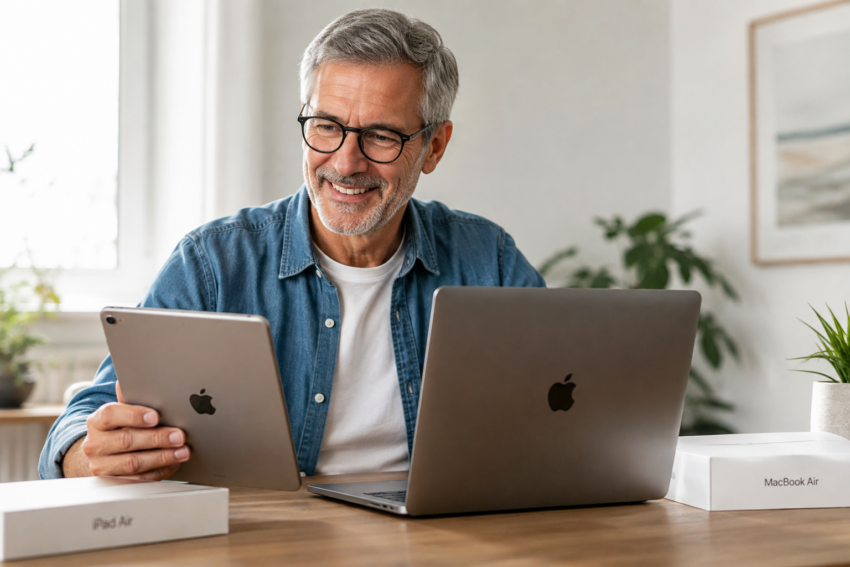 Homem feliz com iPad e MacBook. Crédito: Foto AI