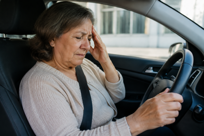 Idosa com dor de cabeça ao volante. Crédito: Foto AI