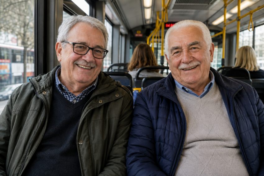 Reformados felizes no autocarro. Crédito: Foto AI