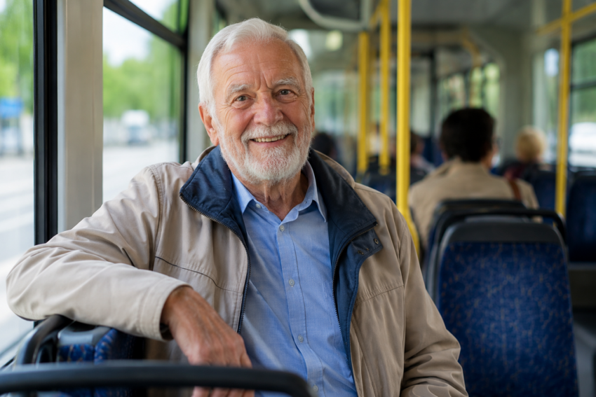 Reformado feliz no autocarro. Crédito: Foto AI