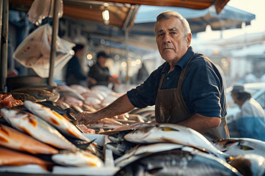 Idoso a vender peixe. Crédito: Magnific AI