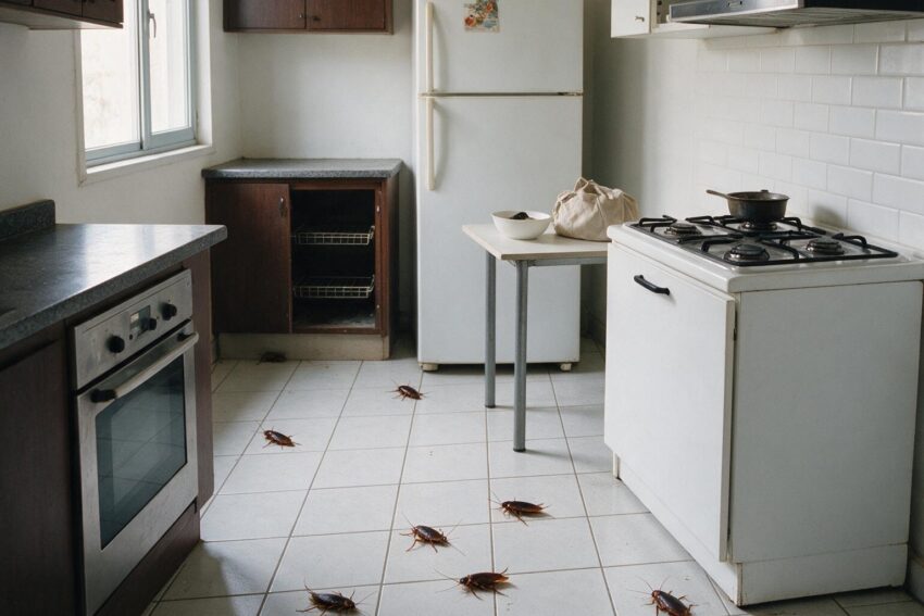 Cozinha com baratas no chão.