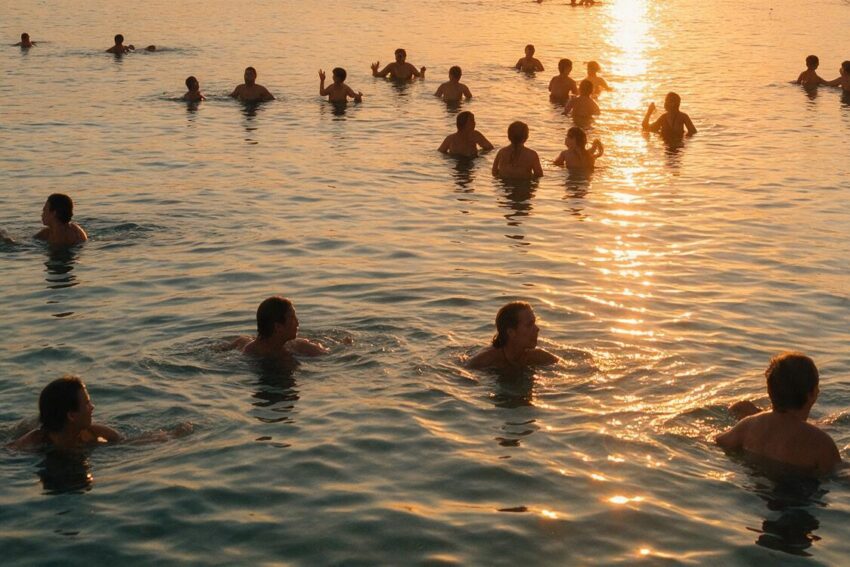 Banhistas no mar.