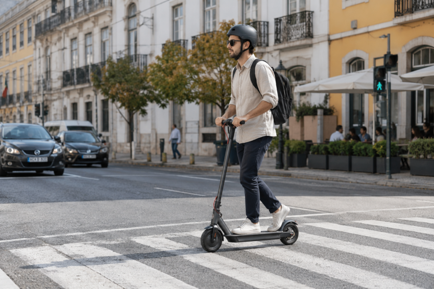Homem em trotinete elétrica a atravessar passadeira. Crédito: POSTAL AI – imagem gerada por IA