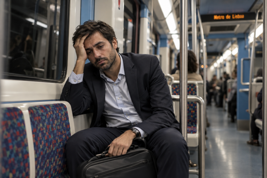 Homem com ar casado no metro a regressar do trabalho. Crédito: POSTAL AI – imagem gerada por IA