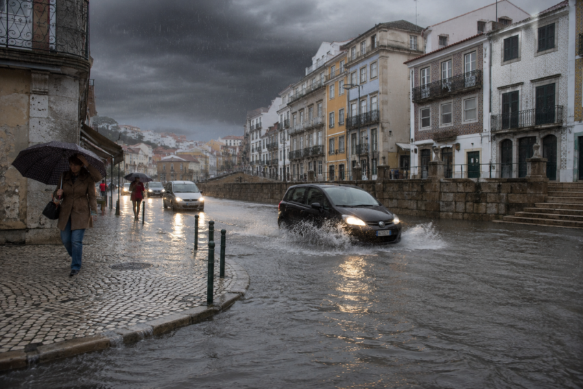 Dia de chuva com cheias em Portugal. Crédito: Foto AI