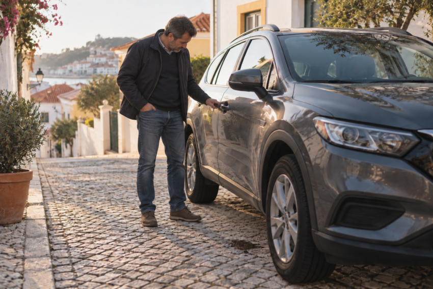 Homem a inspecionar o carro. Crédito: Foto AI