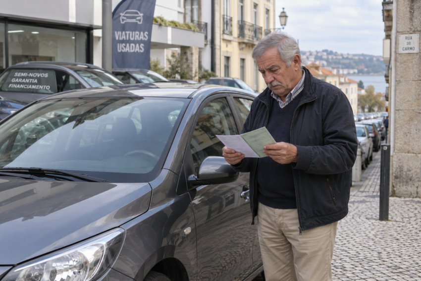 Homem a ler informação de carro usado. Crédito: Foto AI