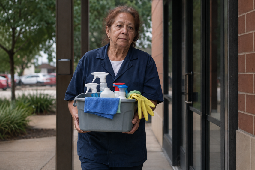Mulher de 65 anos a caminho do trabalho com material de limpeza. Crédito: Foto AI