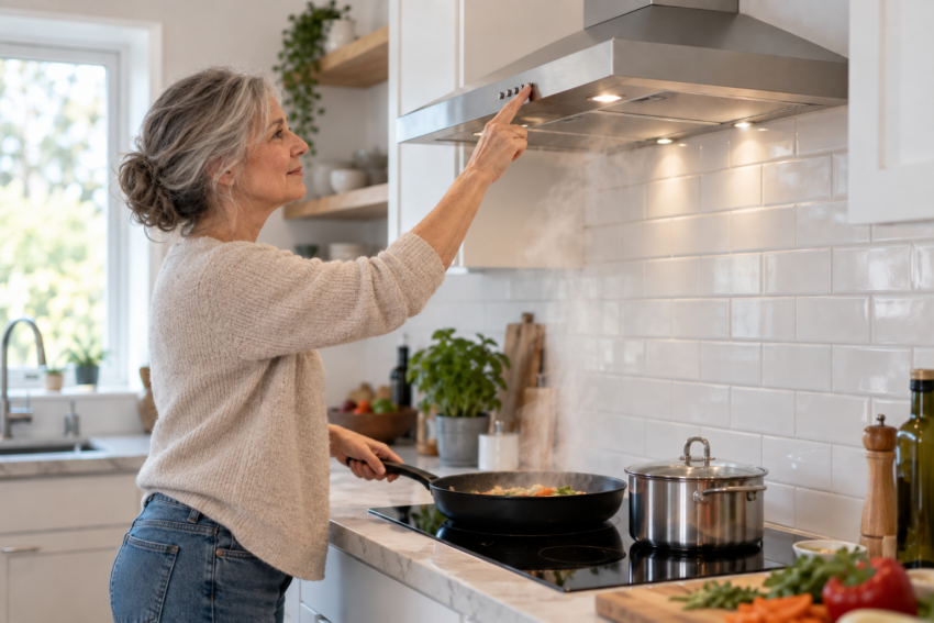 Mulher liga o exaustor enquanto cozinha. Crédito: POSTAL AI – imagem gerada por AI