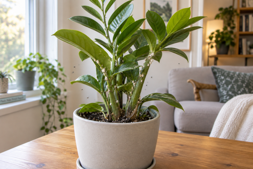 Planta com sinais de pragas no vaso. Crédito: POSTAL AI - imagem gerada por AI