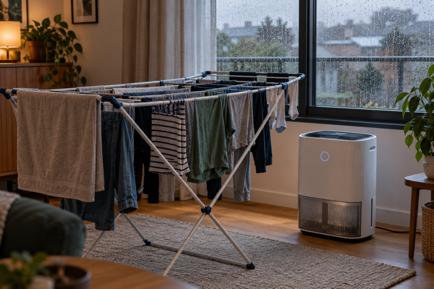 Roupa a secar com desumidificador. Crédito: POSTAL AI – imagem gerada por AI