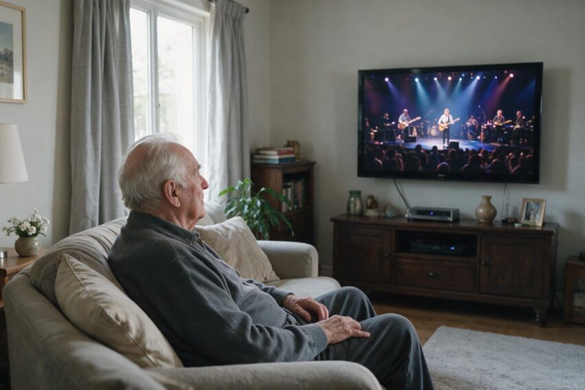 Idoso no sofá a ver televisão.