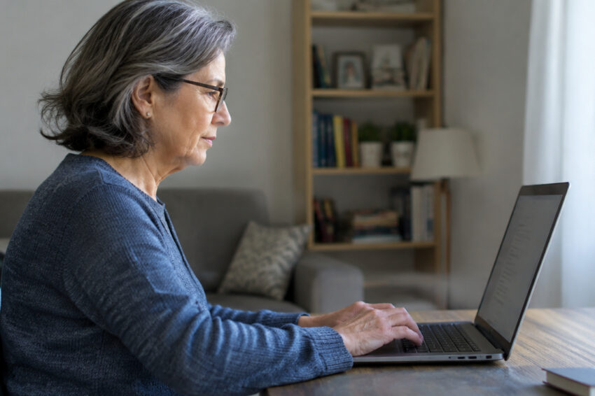 Mulher a utilizar o computador.