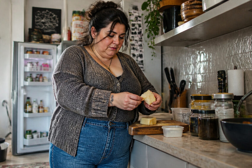 Mulher a comer queijo na cozinha.