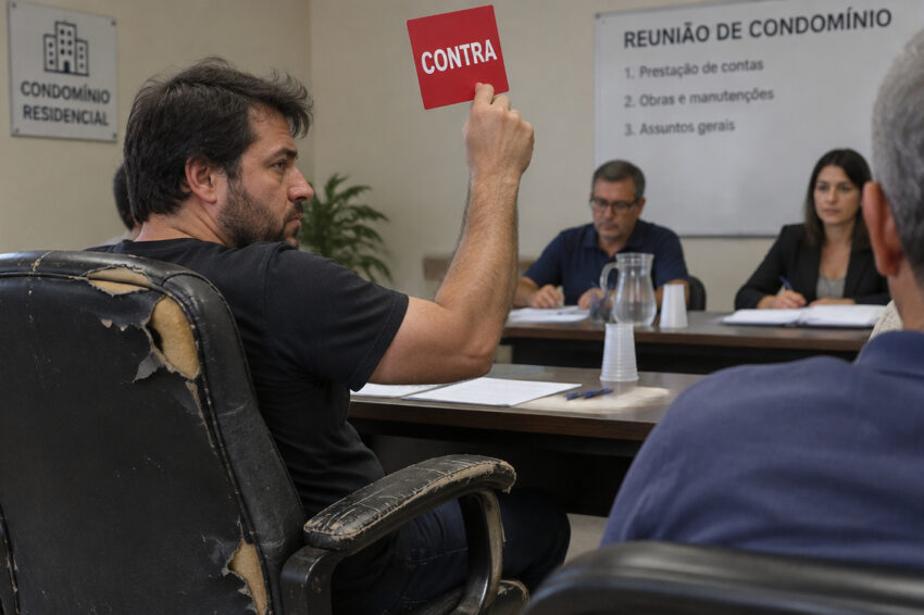 Homem a votar "Contra" numa reunião de condomínio.
