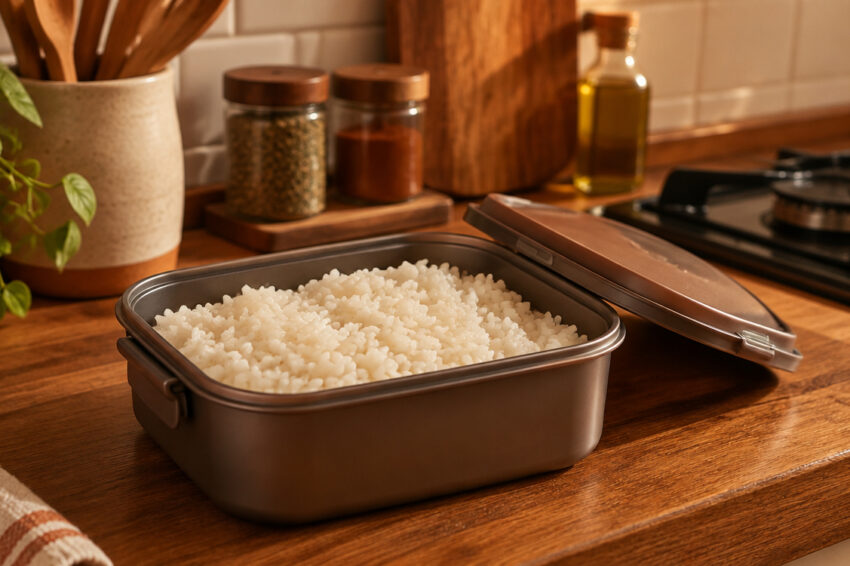 Marmita com arroz branco na cozinha.