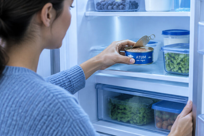 Mulher a guardar uma lata de atum no frigorífico.