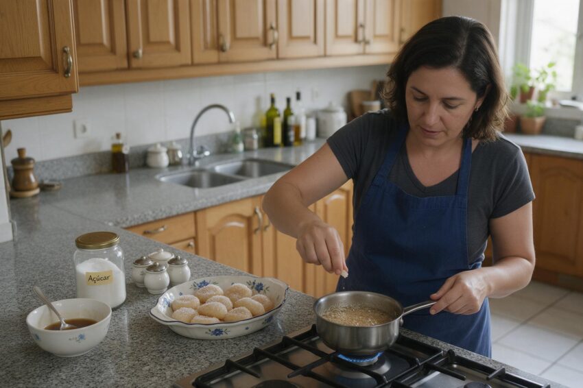 Mulher na cozinha a fazer os pontos do açúcar.