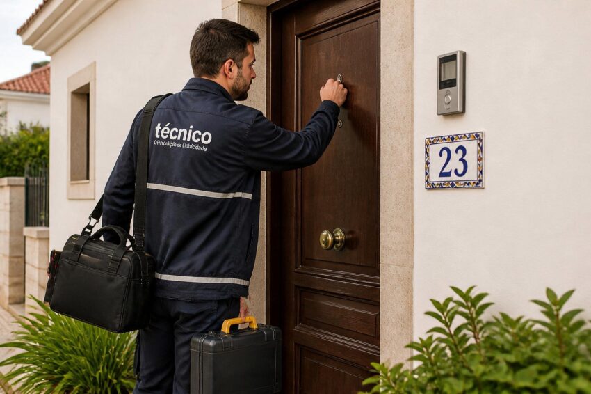 Técnico da luz a bater à porta de uma casa.