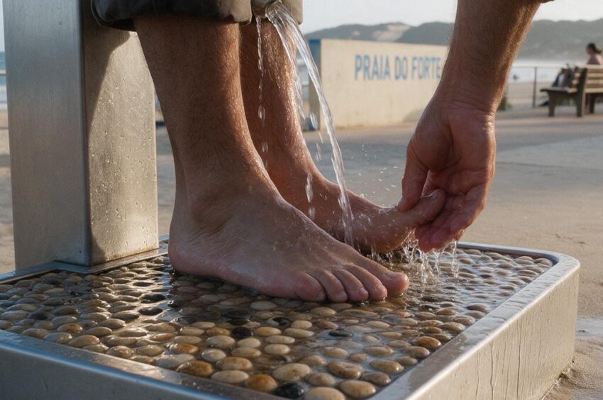 Homem a lavar os pés na praia.