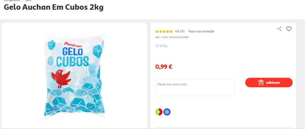 Saco com 2 kg de gelo.