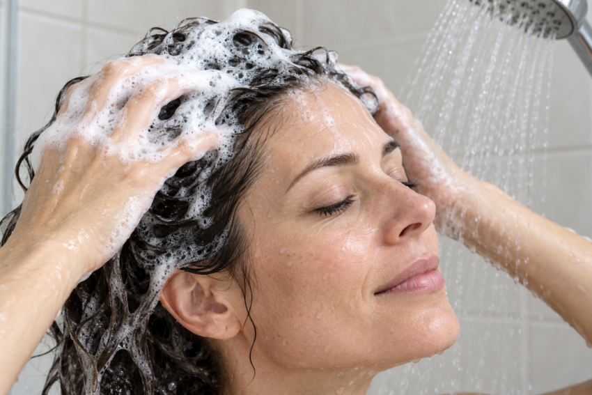 Mulher a lavar o cabelo no duche. Crédito: POSTAL AI – imagem gerada por IA