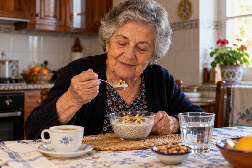idosa a tomar o pequeno-almoço. Crédito: POSTAL AI – imagem gerada por IA