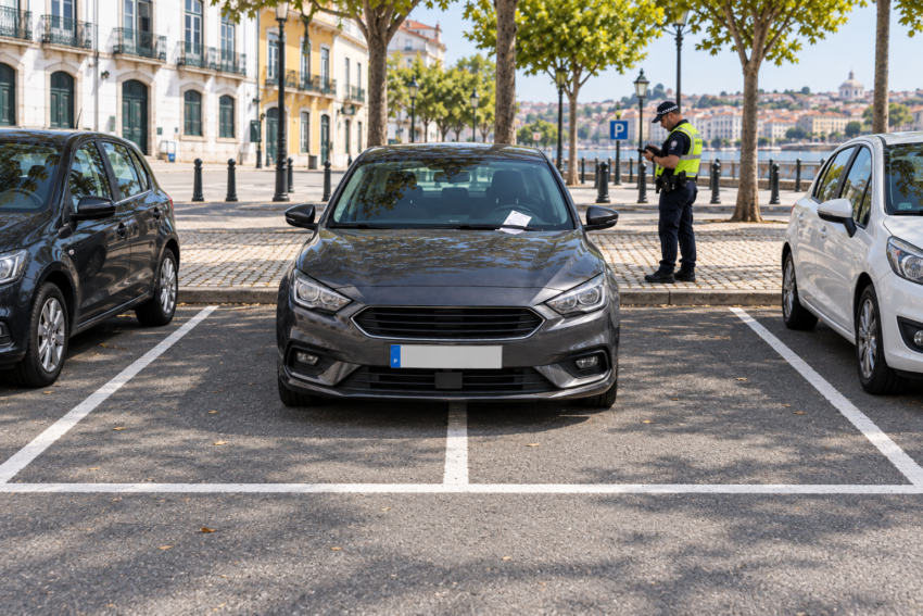 Carro ocupa dois lugares de estacionamento. Crédito: POSTAL AI – imagem gerada por IA