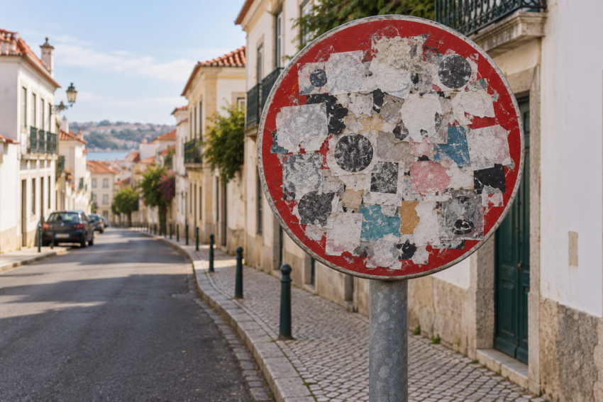 Sinal de trânsito coberto de autocolantes. Crédito: POSTAL AI – imagem gerada por IA