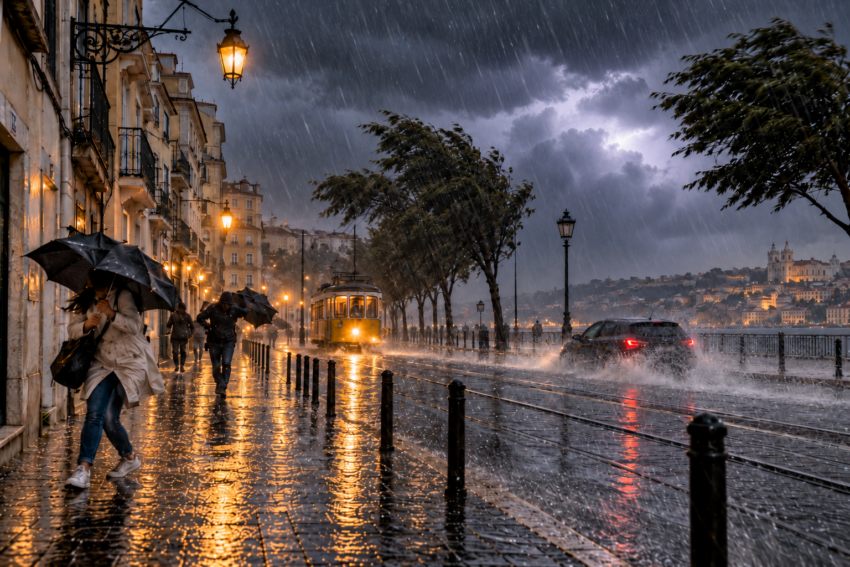 Dia de chuva, vento e trovoada em Portugal. Crédito: POSTAL AI — imagem gerada por IA