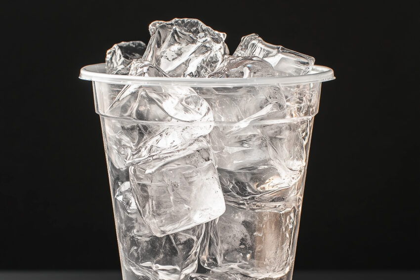 Copo de plástico com cubos de gelo.