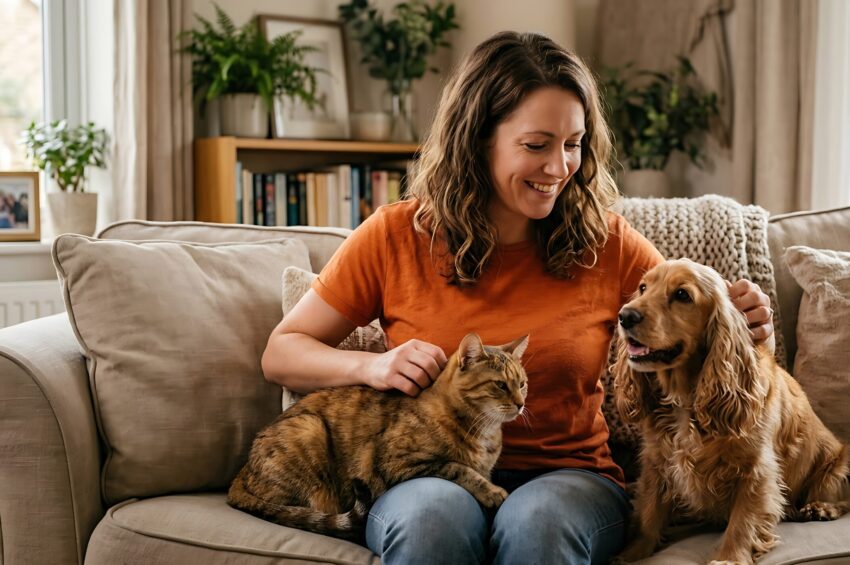 Mulher no sofá com animais de estimação. Crédito: Magnific